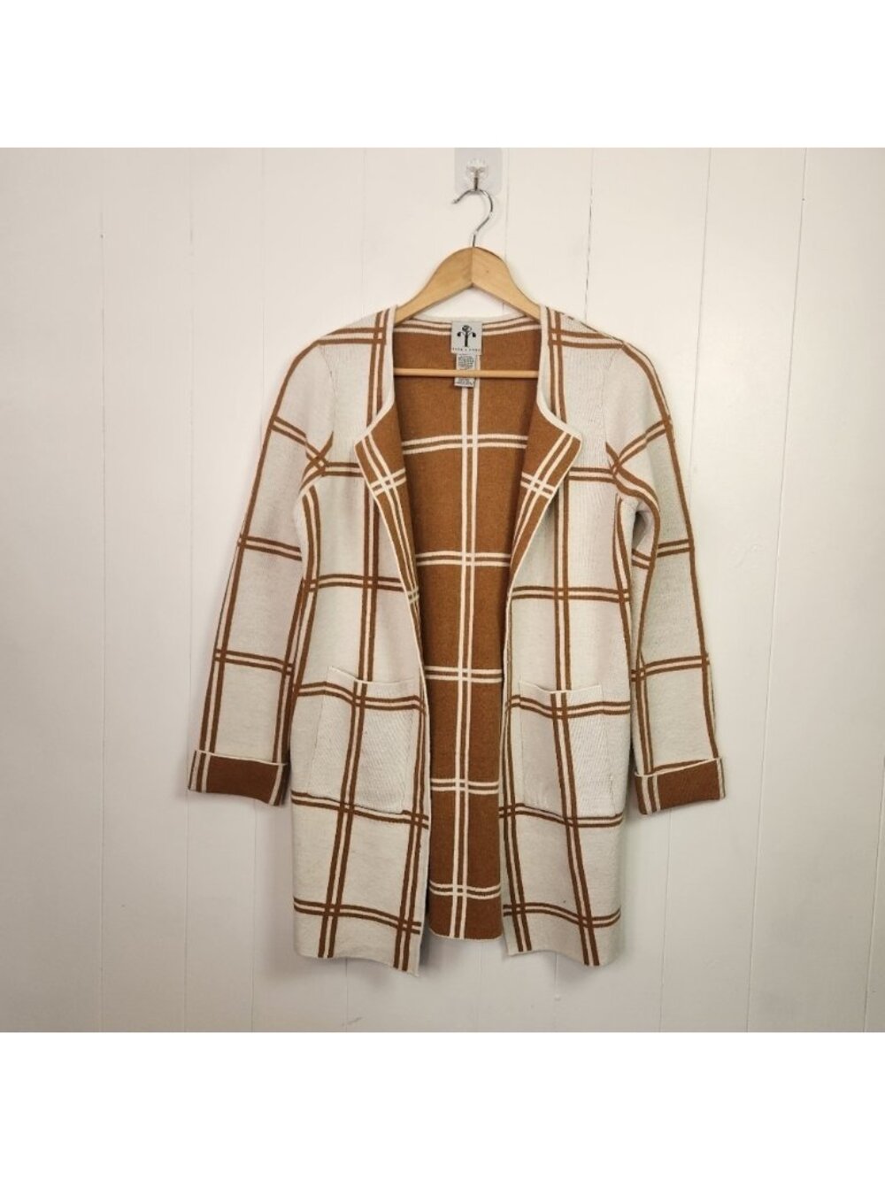 Rain & Rose Open Front Soft Cardigan Off White Tan Plaid Size Medium Office Fall - Picture 2 of 7